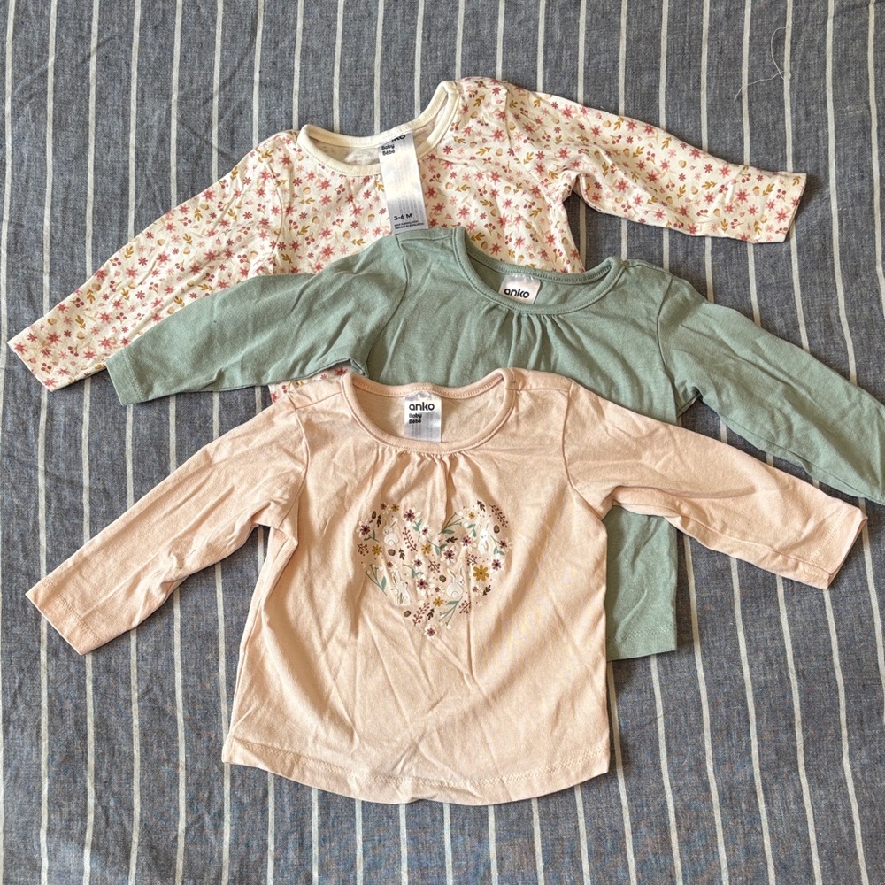 Anko Kids 3-6 month Long-Sleeve Cotton Tops - Pink, Sage & Cream - 3-Pack